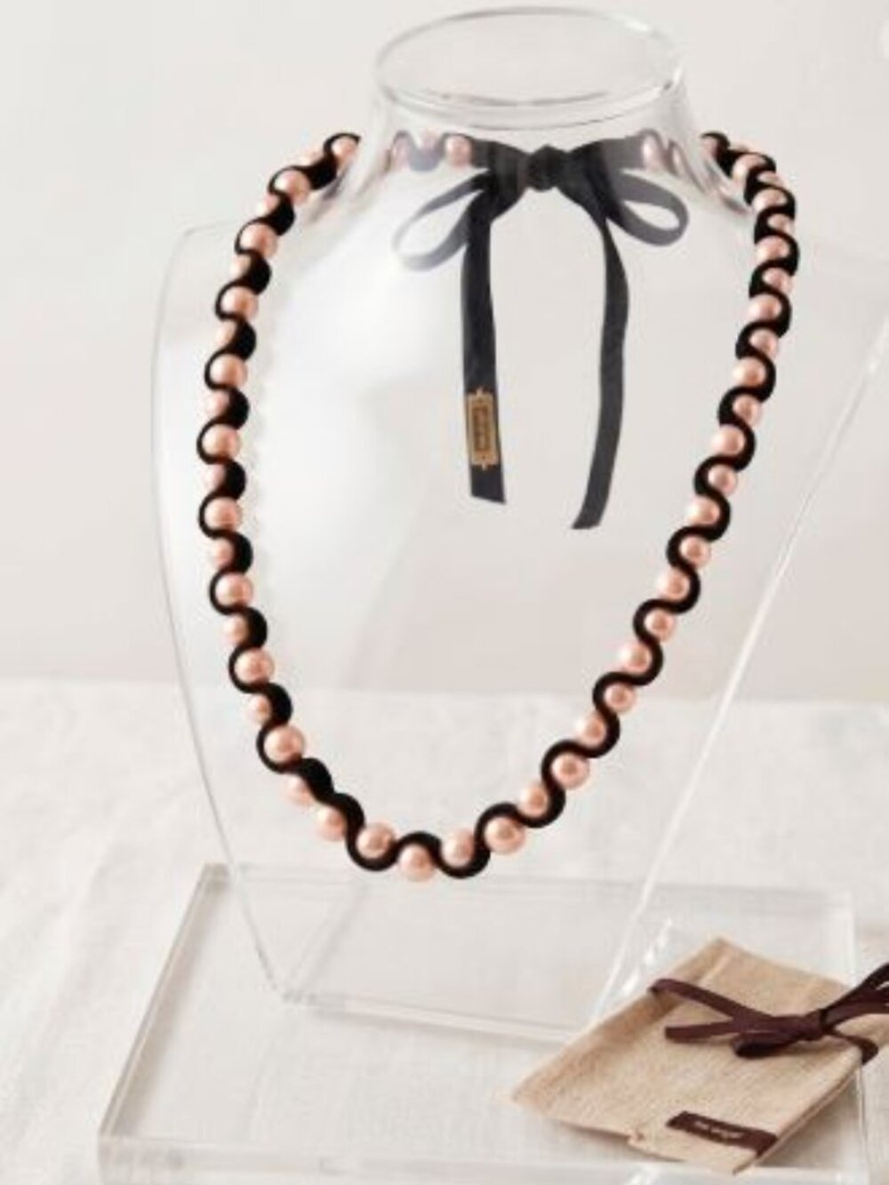 Lee Angel Pink Glass Pearl Ribbon Zig Zag Long Tie Statement Necklace NWT 450
